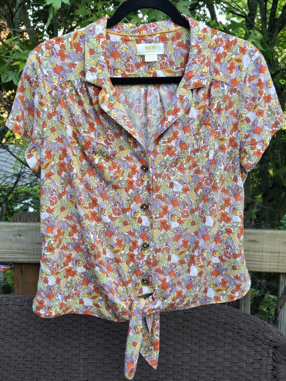 Maeve Citrus Floral Short Sleeve Tie-front Button-down Top - 10
